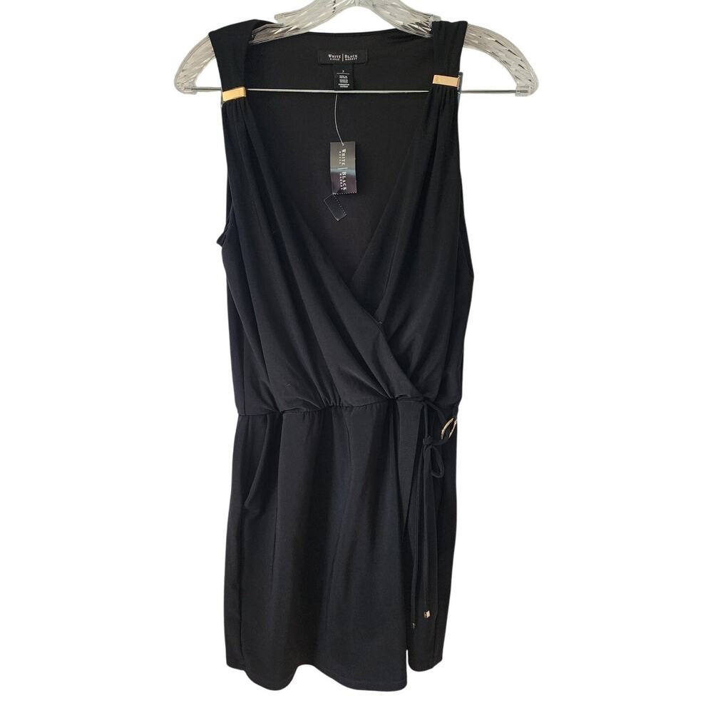 White House Black Market Black Faux Wrap Romper Jumpsuit Gold Accents Size 2
